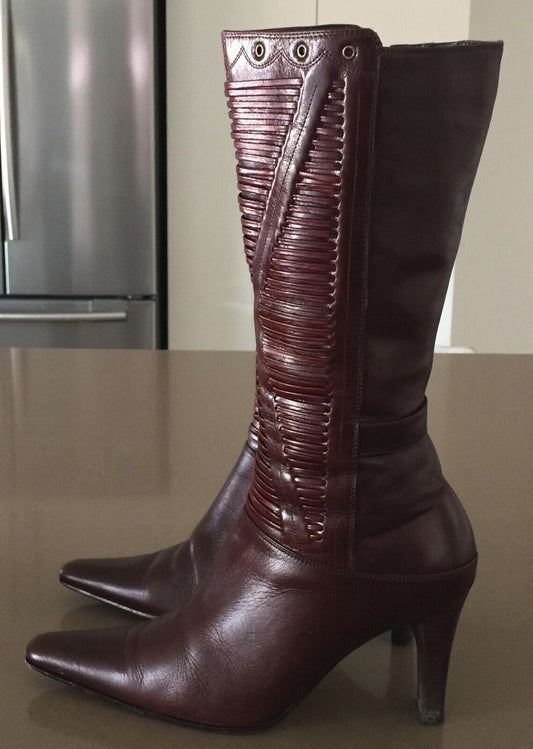 Leather High Boots Rich Dark Tan Pointy Toes 9cm Heel Boots Ladies Size 36.5