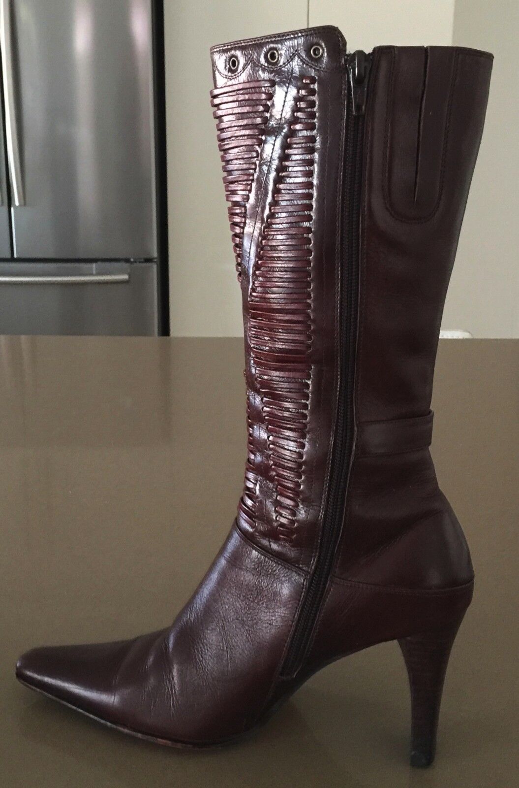 Leather High Boots Rich Dark Tan Pointy Toes 9cm Heel Boots Ladies Size 36.5
