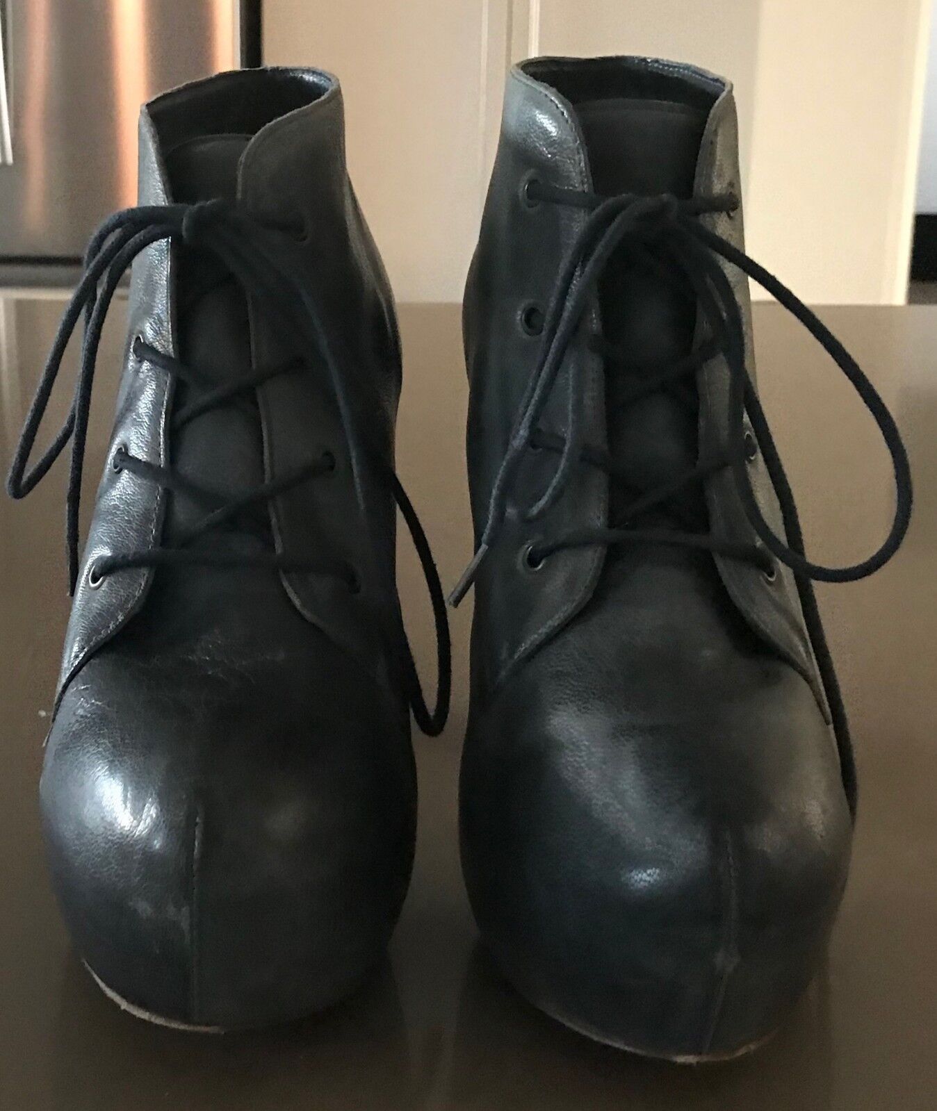 STEVE MADDEN "Crazie" Ankle Boots Blue Leather Almond Toe Platform Size 8.5M