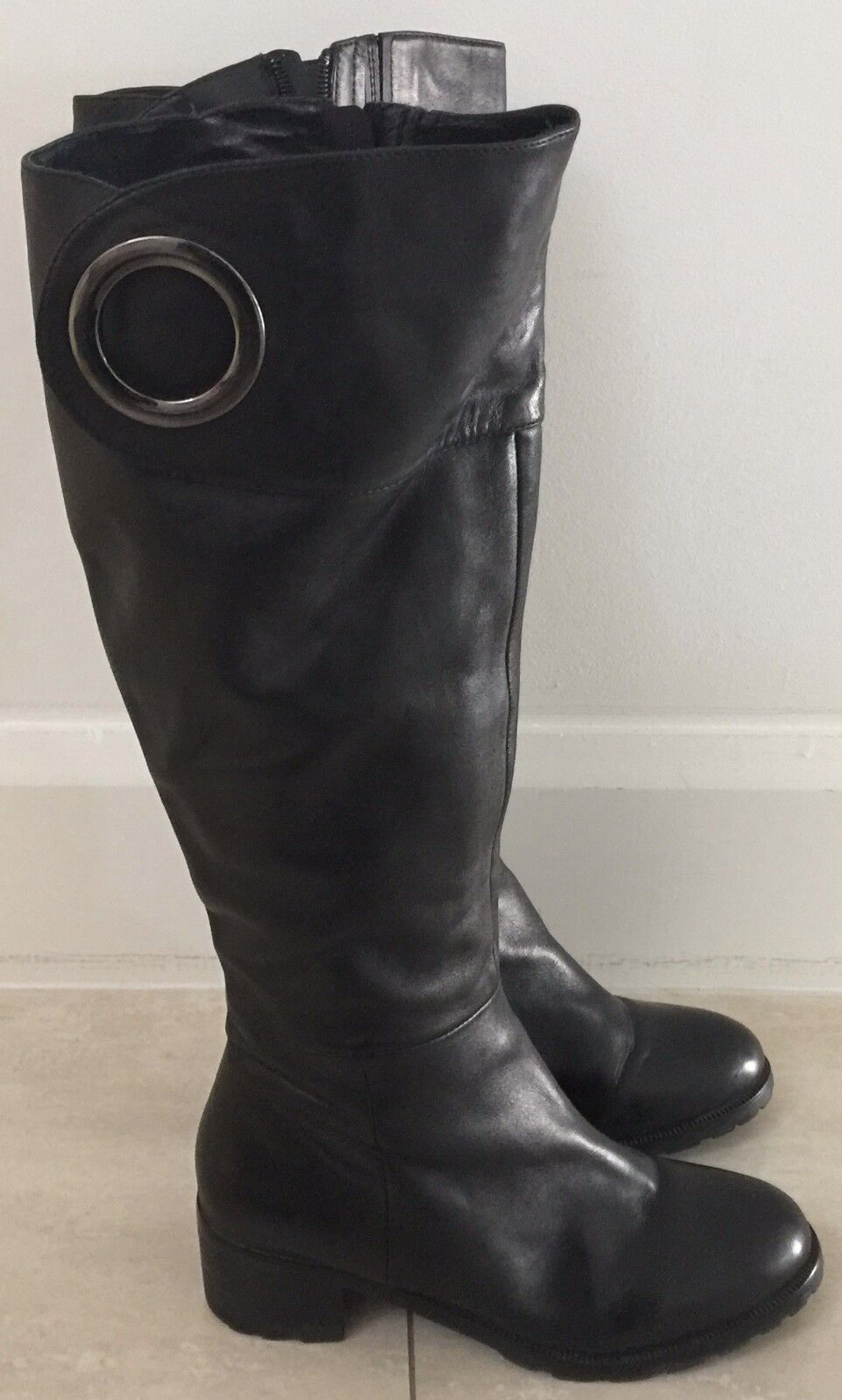 SARRIER "O" Ring Black Leather Boots Knee High Block Heel Lqdies Size 6