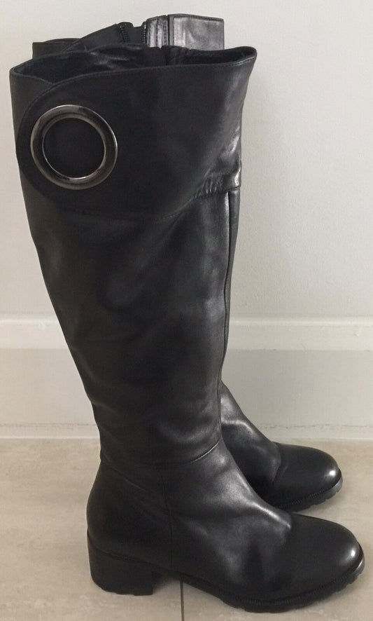 SARRIER "O" Ring Black Leather Boots Knee High Block Heel Lqdies Size 6