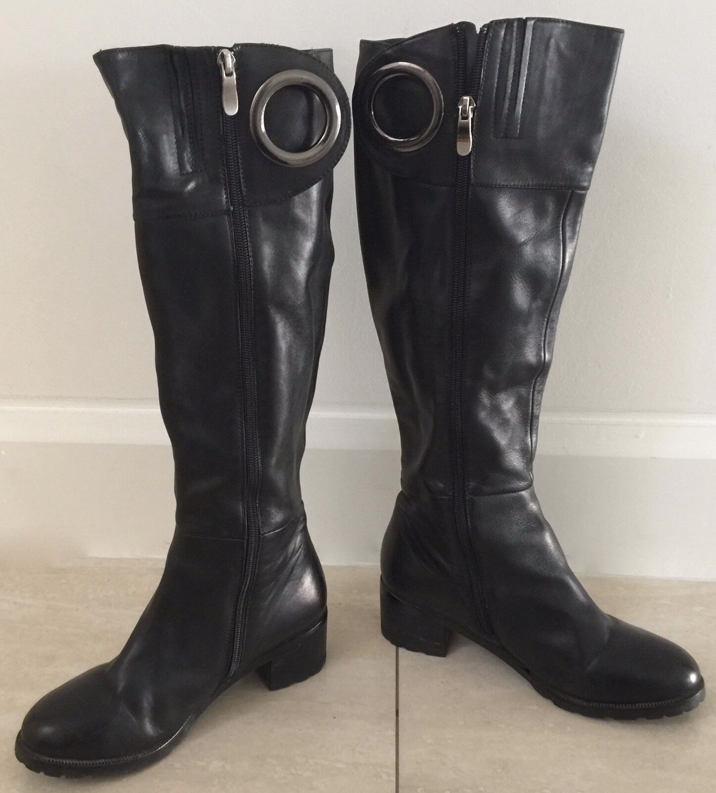 SARRIER "O" Ring Black Leather Boots Knee High Block Heel Lqdies Size 6