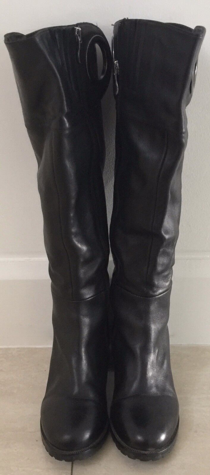 SARRIER "O" Ring Black Leather Boots Knee High Block Heel Lqdies Size 6