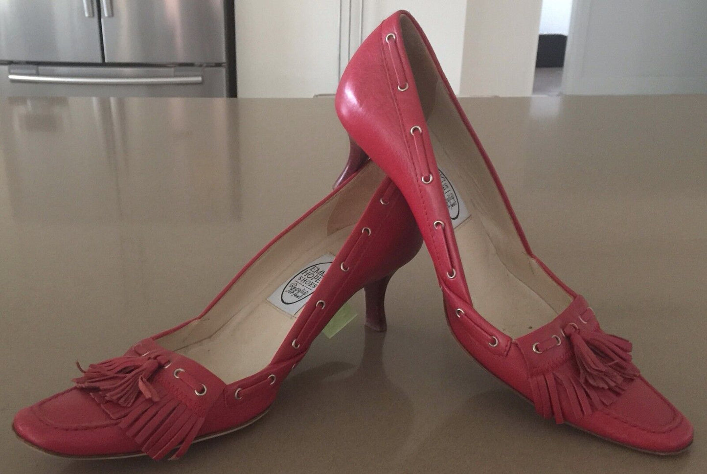 EMMA HOPE'S Red Leather Moccasin Detail Kitten Heel Shoes Size 39 Vintage Vibe