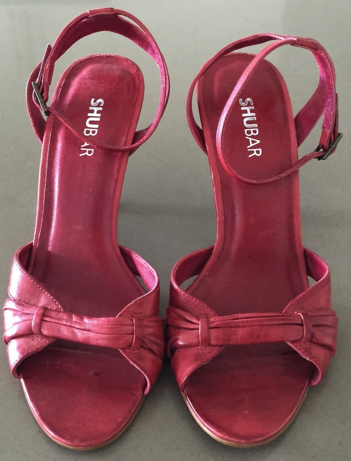 SHUBAR Open Toe Shoes Red Leather Ankle Strap Heels Ladies Size 36
