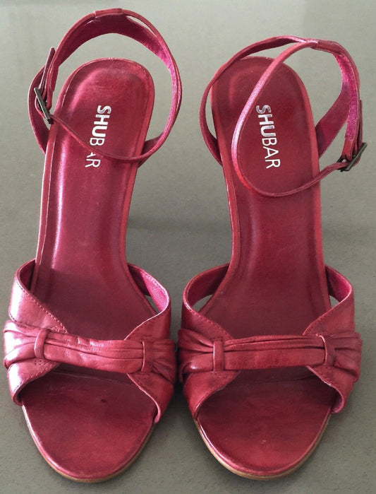SHUBAR Open Toe Shoes Red Leather Ankle Strap Heels Ladies Size 36