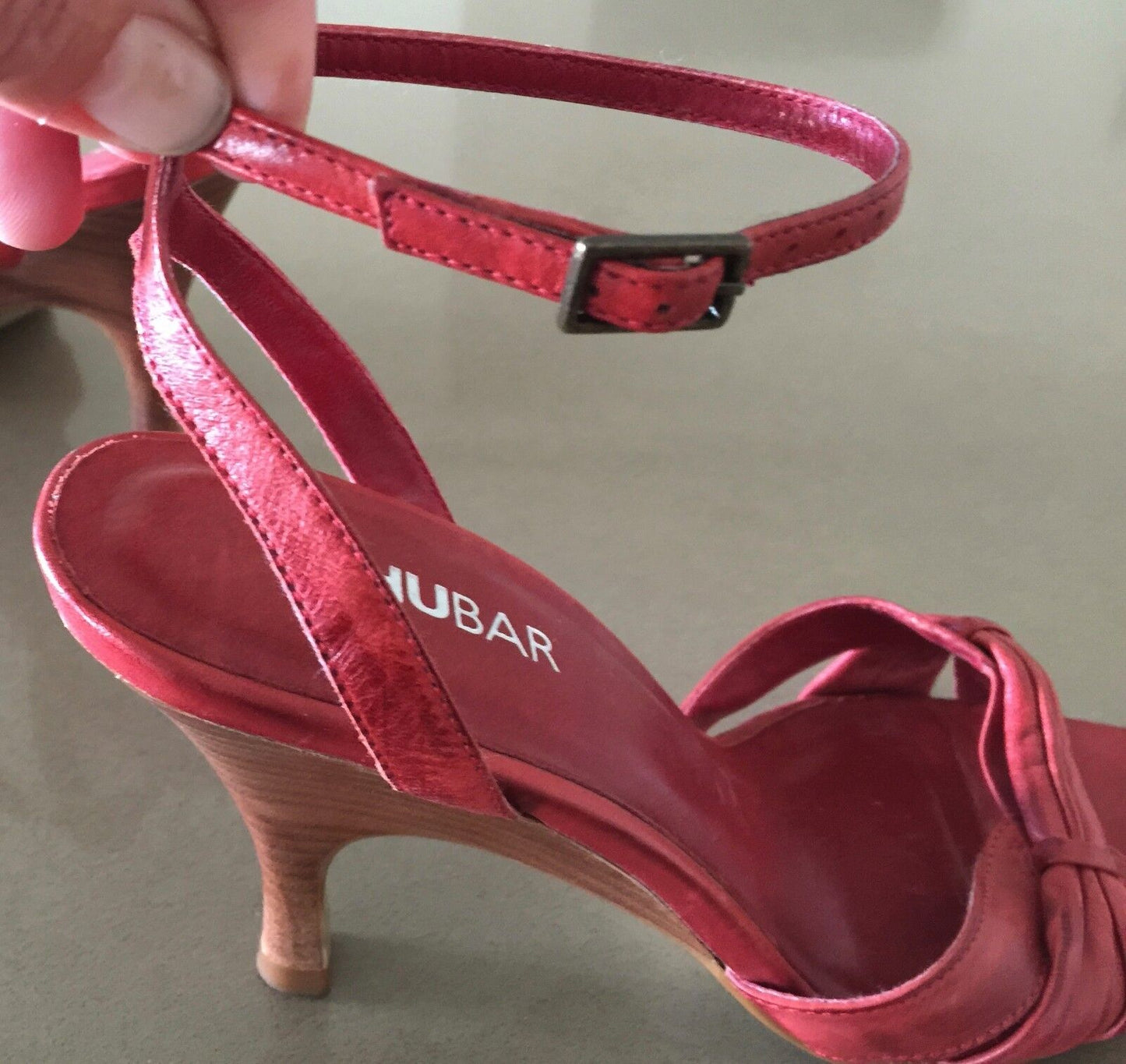 SHUBAR Open Toe Shoes Red Leather Ankle Strap Heels Ladies Size 36
