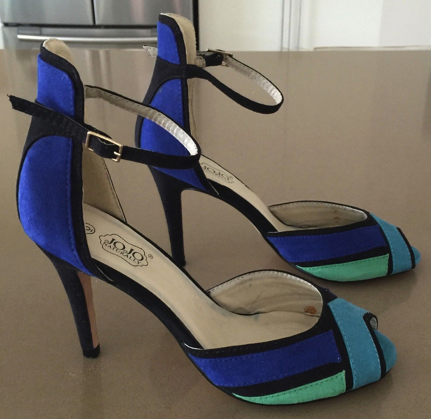 NATURALLY JOJO Shoes Blue Black Green Block Ankle Strap High Heels Size 6 Retro