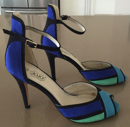 NATURALLY JOJO Shoes Blue Black Green Block Ankle Strap High Heels Size 6 Retro