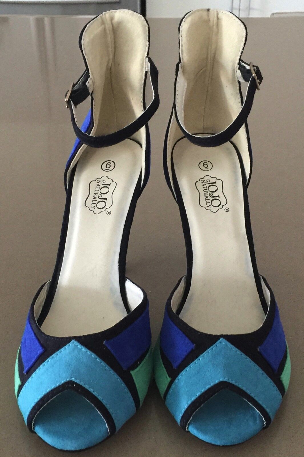 NATURALLY JOJO Shoes Blue Black Green Block Ankle Strap High Heels Size 6 Retro