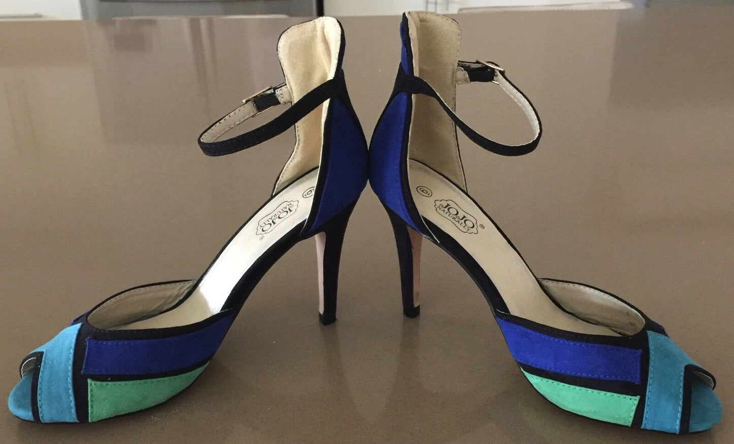NATURALLY JOJO Shoes Blue Black Green Block Ankle Strap High Heels Size 6 Retro