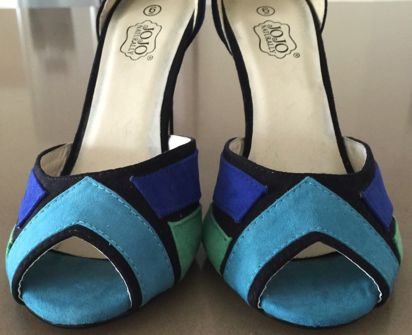NATURALLY JOJO Shoes Blue Black Green Block Ankle Strap High Heels Size 6 Retro