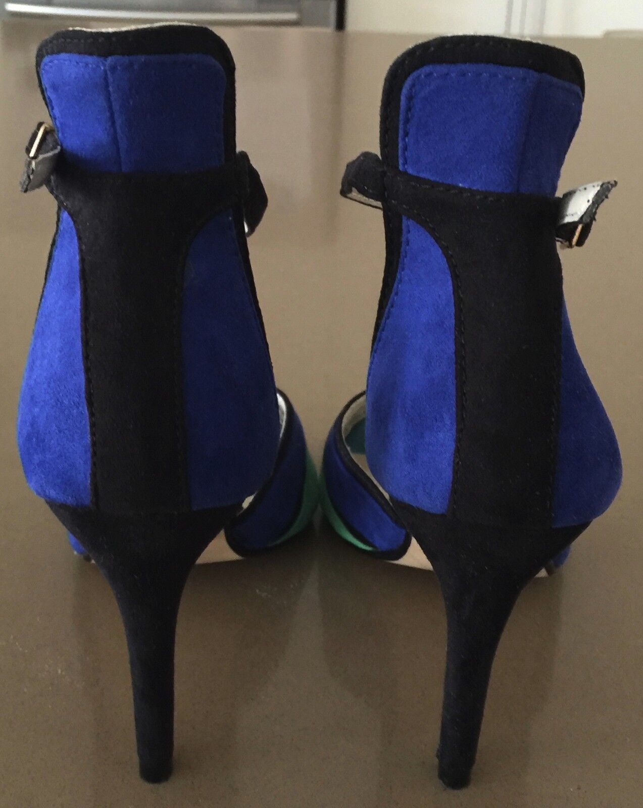 NATURALLY JOJO Shoes Blue Black Green Block Ankle Strap High Heels Size 6 Retro