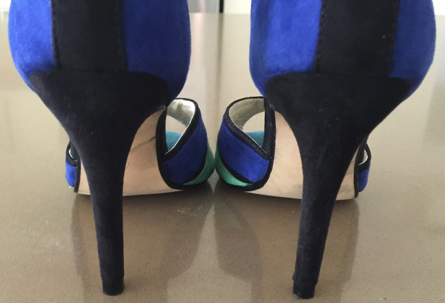 NATURALLY JOJO Shoes Blue Black Green Block Ankle Strap High Heels Size 6 Retro