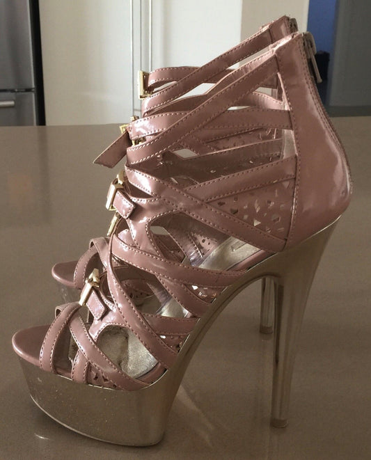 WILD PAIR Heels Shoes Blush Patent PU Strappy Open Toe Platform Size 7M Sexy