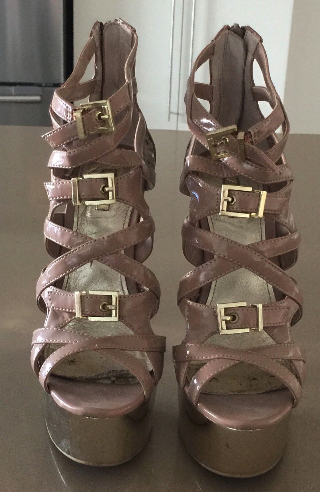 WILD PAIR Heels Shoes Blush Patent PU Strappy Open Toe Platform Size 7M Sexy
