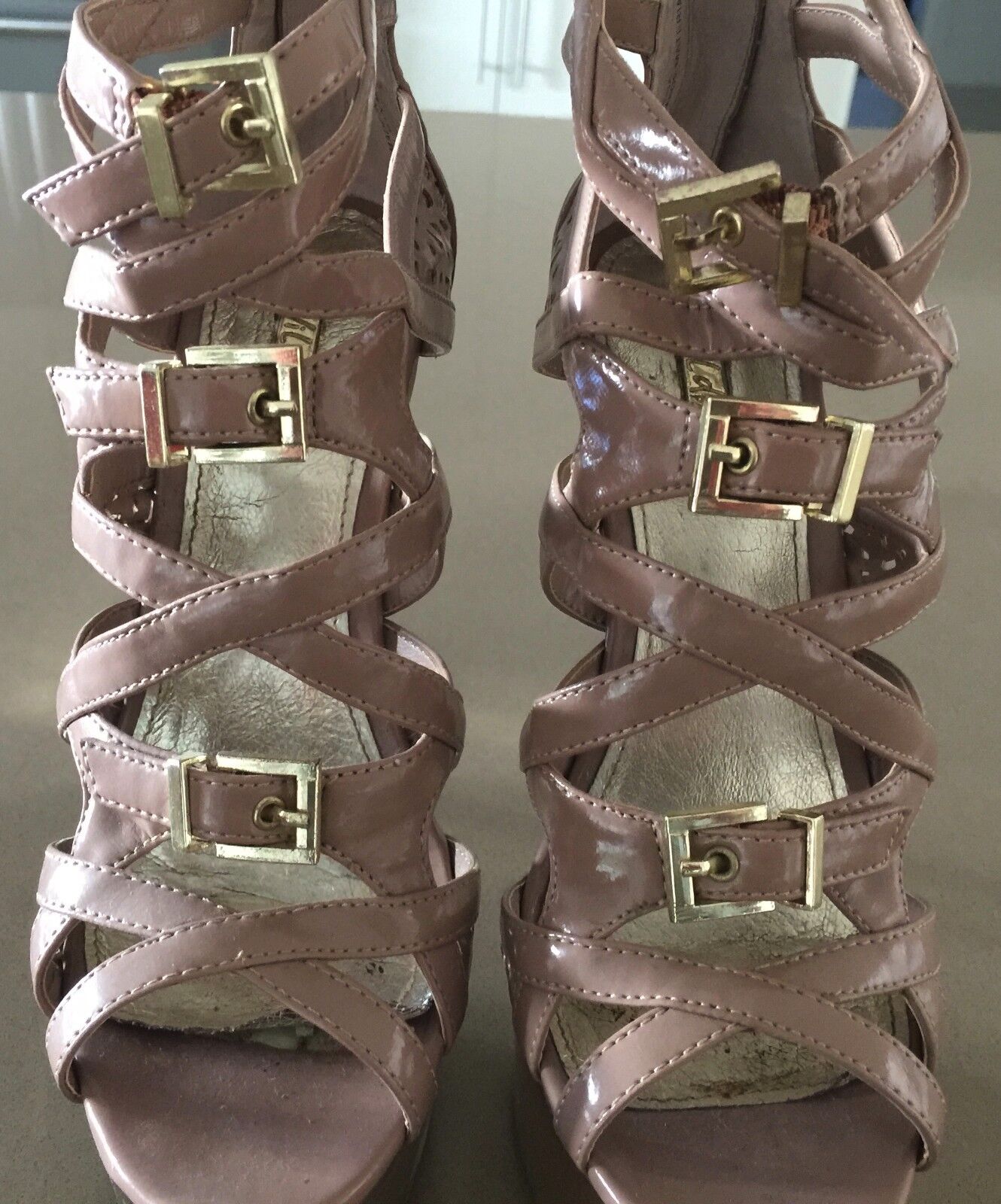 WILD PAIR Heels Shoes Blush Patent PU Strappy Open Toe Platform Size 7M Sexy