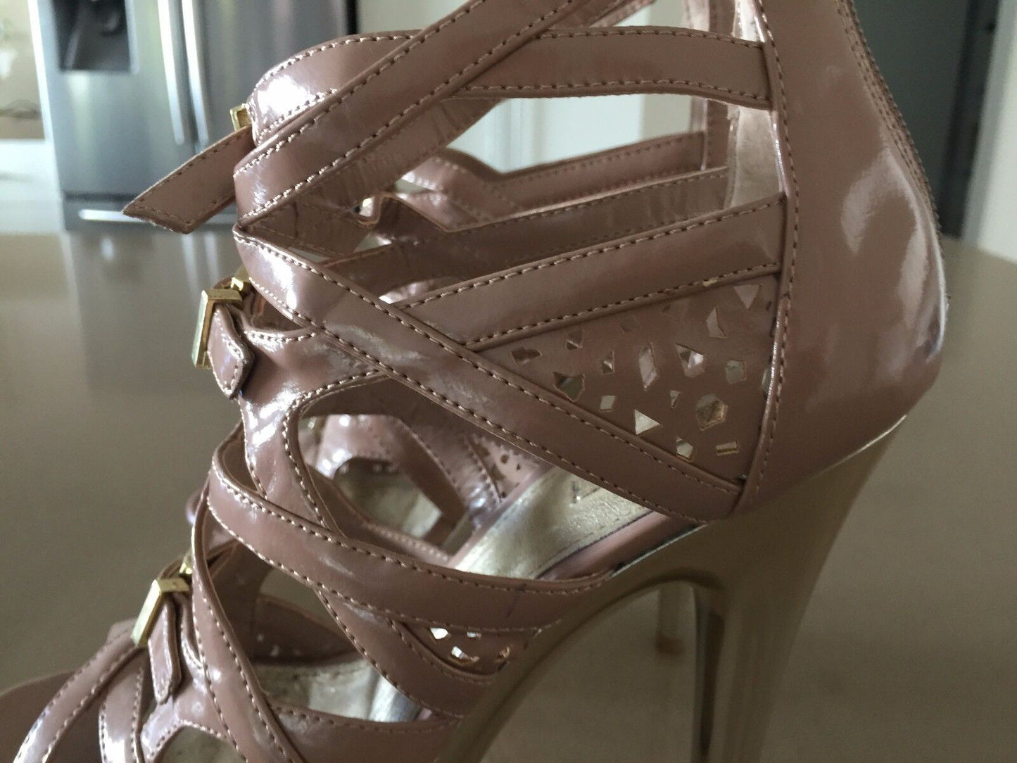 WILD PAIR Heels Shoes Blush Patent PU Strappy Open Toe Platform Size 7M Sexy