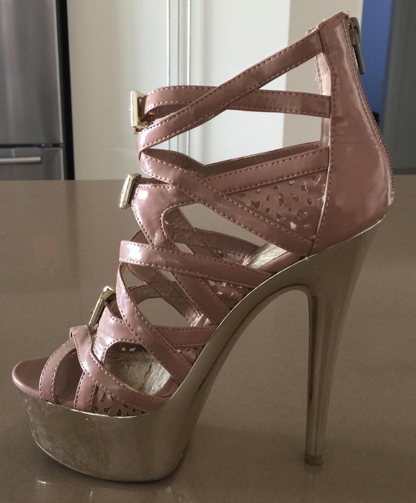 WILD PAIR Heels Shoes Blush Patent PU Strappy Open Toe Platform Size 7M Sexy