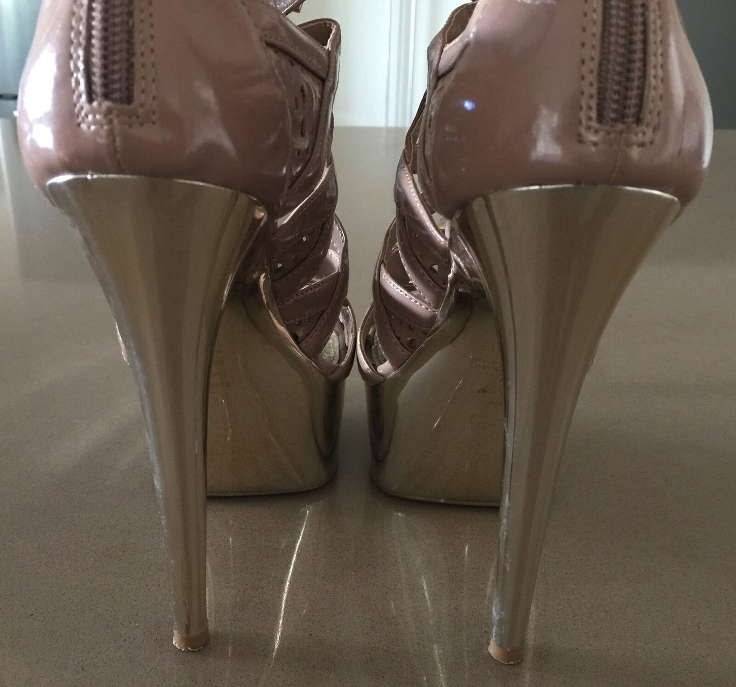 WILD PAIR Heels Shoes Blush Patent PU Strappy Open Toe Platform Size 7M Sexy