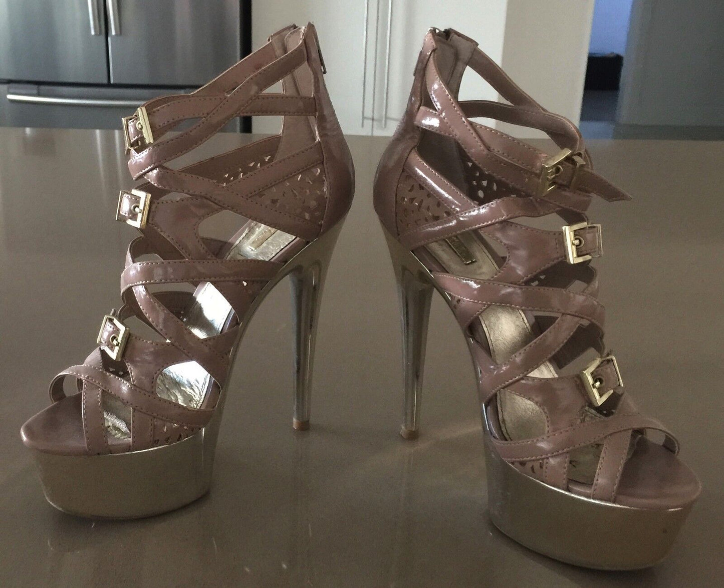 WILD PAIR Heels Shoes Blush Patent PU Strappy Open Toe Platform Size 7M Sexy