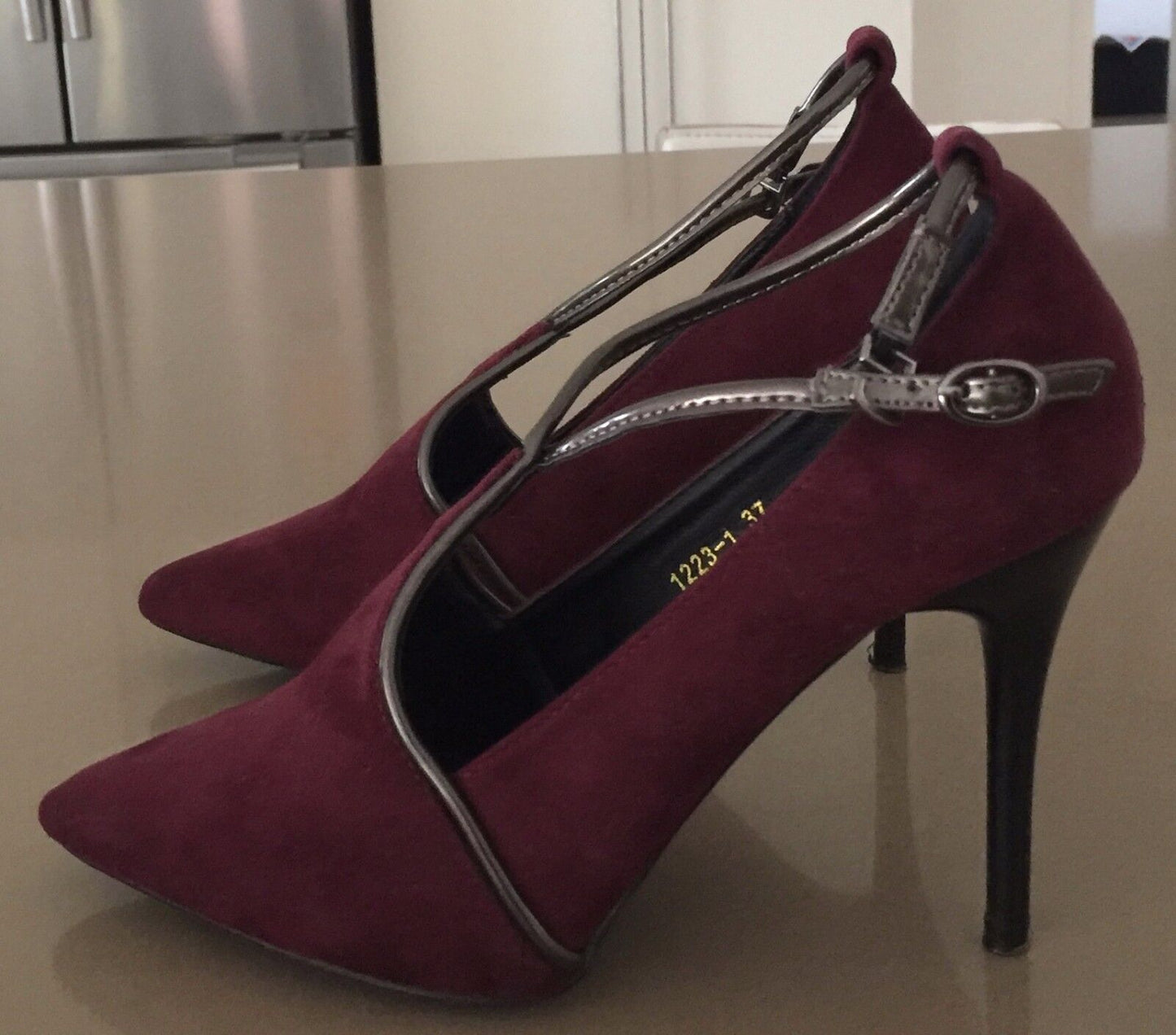 BIGTREE Stiletto Heels Shoes Plum & Bronze Ankle Strap Ladies Size 37 NEW