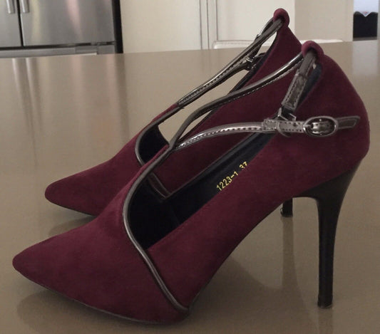 BIGTREE Stiletto Heels Shoes Plum & Bronze Ankle Strap Ladies Size 37 NEW