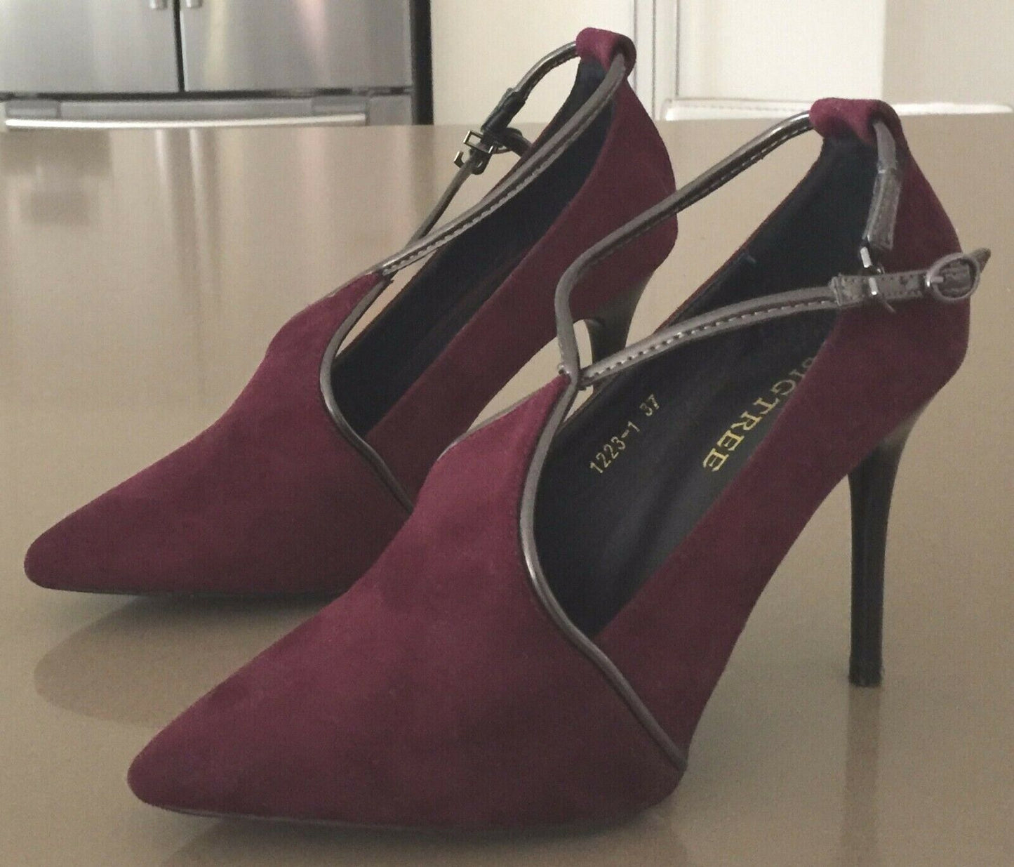 BIGTREE Stiletto Heels Shoes Plum & Bronze Ankle Strap Ladies Size 37 NEW