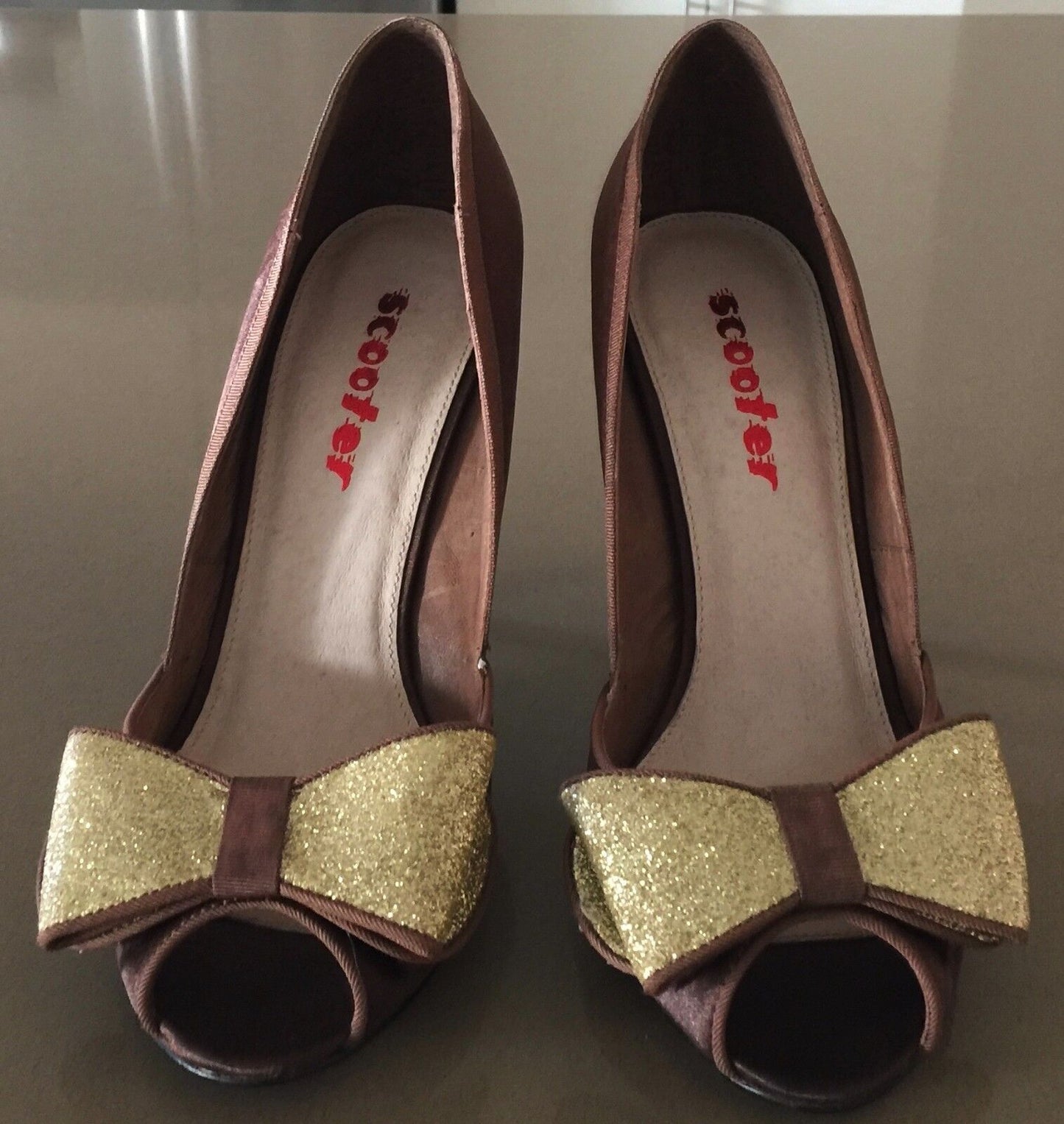 SCOOTER Stiletto Heel Shoes Bronze Brown Fabric Peep Toe 10.5 cm  Ladies Size 39