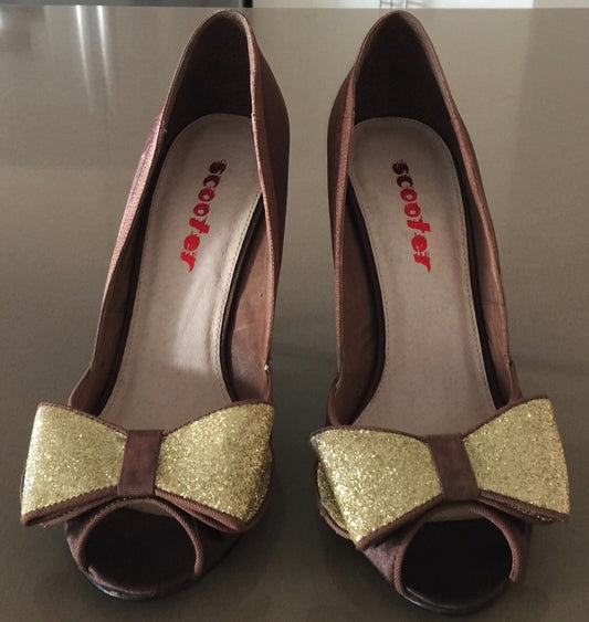 SCOOTER Stiletto Heel Shoes Bronze Brown Fabric Peep Toe 10.5 cm  Ladies Size 39