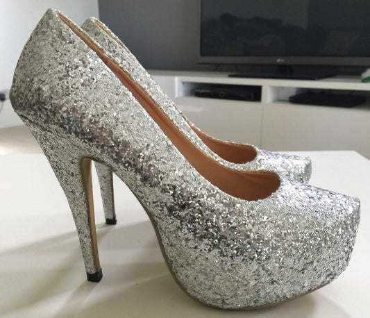 JOJO CAT Bling Bling Silver Glitter Platform High Heels Size 38 Stiletto Shoes