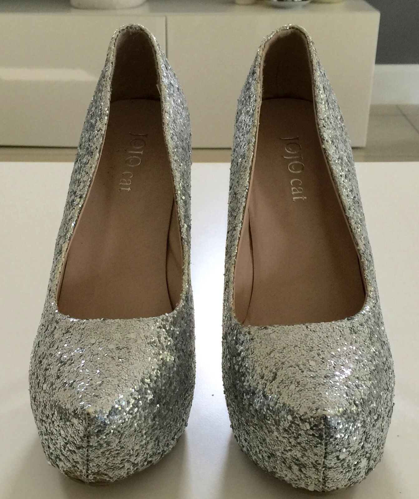 JOJO CAT Bling Bling Silver Glitter Platform High Heels Size 38 Stiletto Shoes