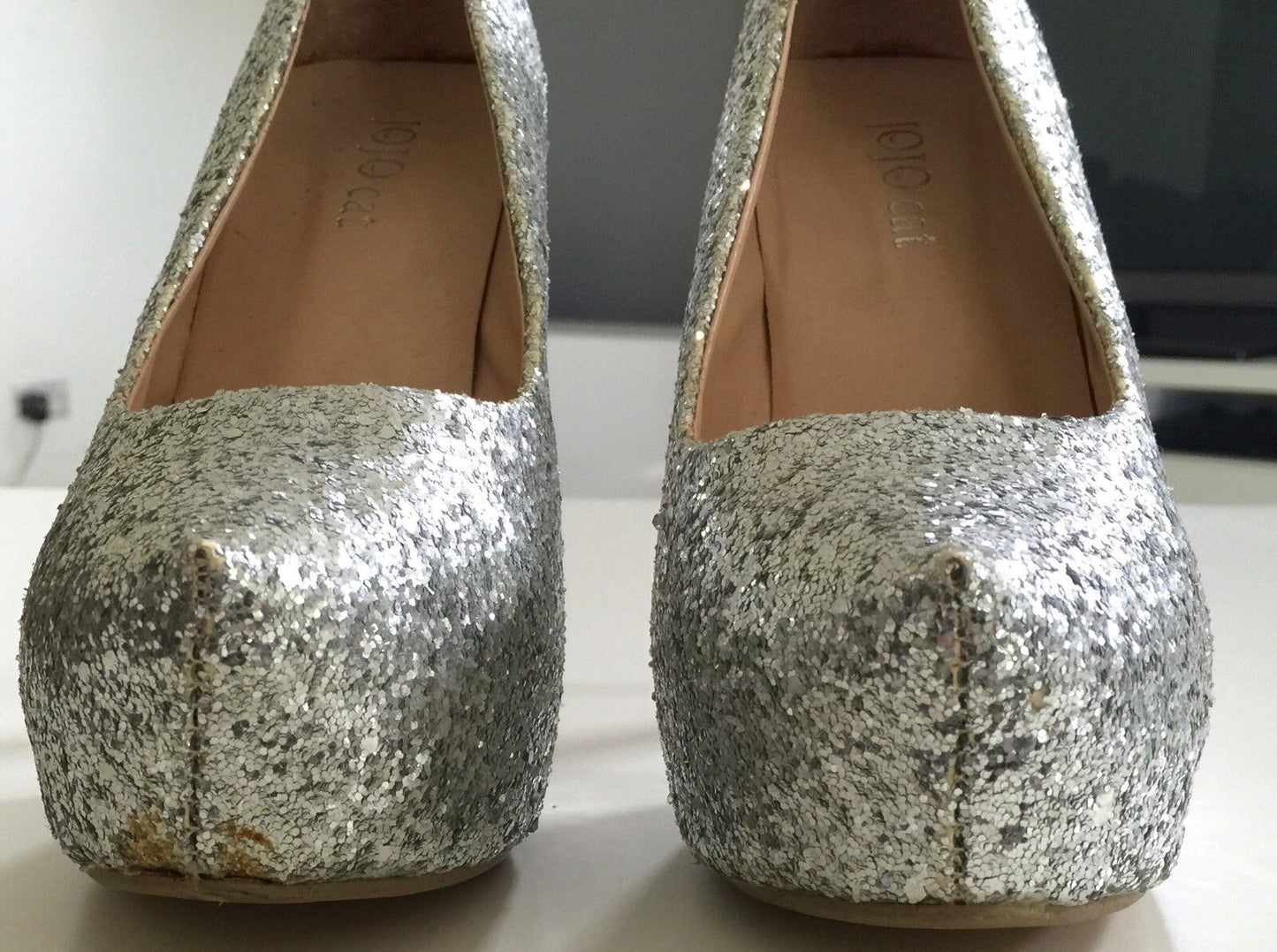 JOJO CAT Bling Bling Silver Glitter Platform High Heels Size 38 Stiletto Shoes