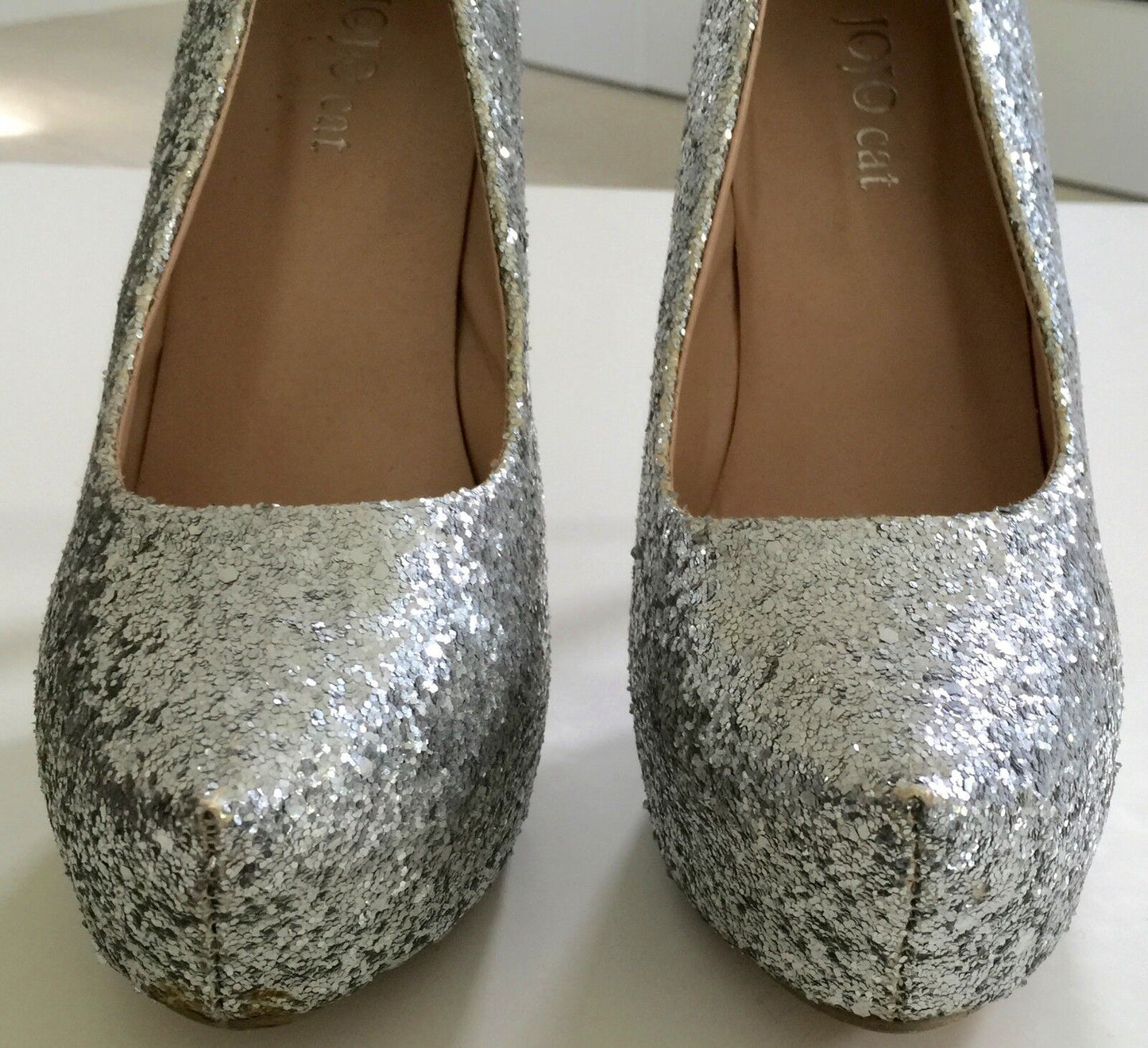 JOJO CAT Bling Bling Silver Glitter Platform High Heels Size 38 Stiletto Shoes