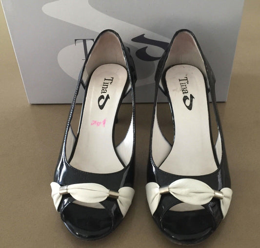 TINA D Shoes Black & White Patent Leather Peep Toe 7cm Heel Ladies Size 35.5
