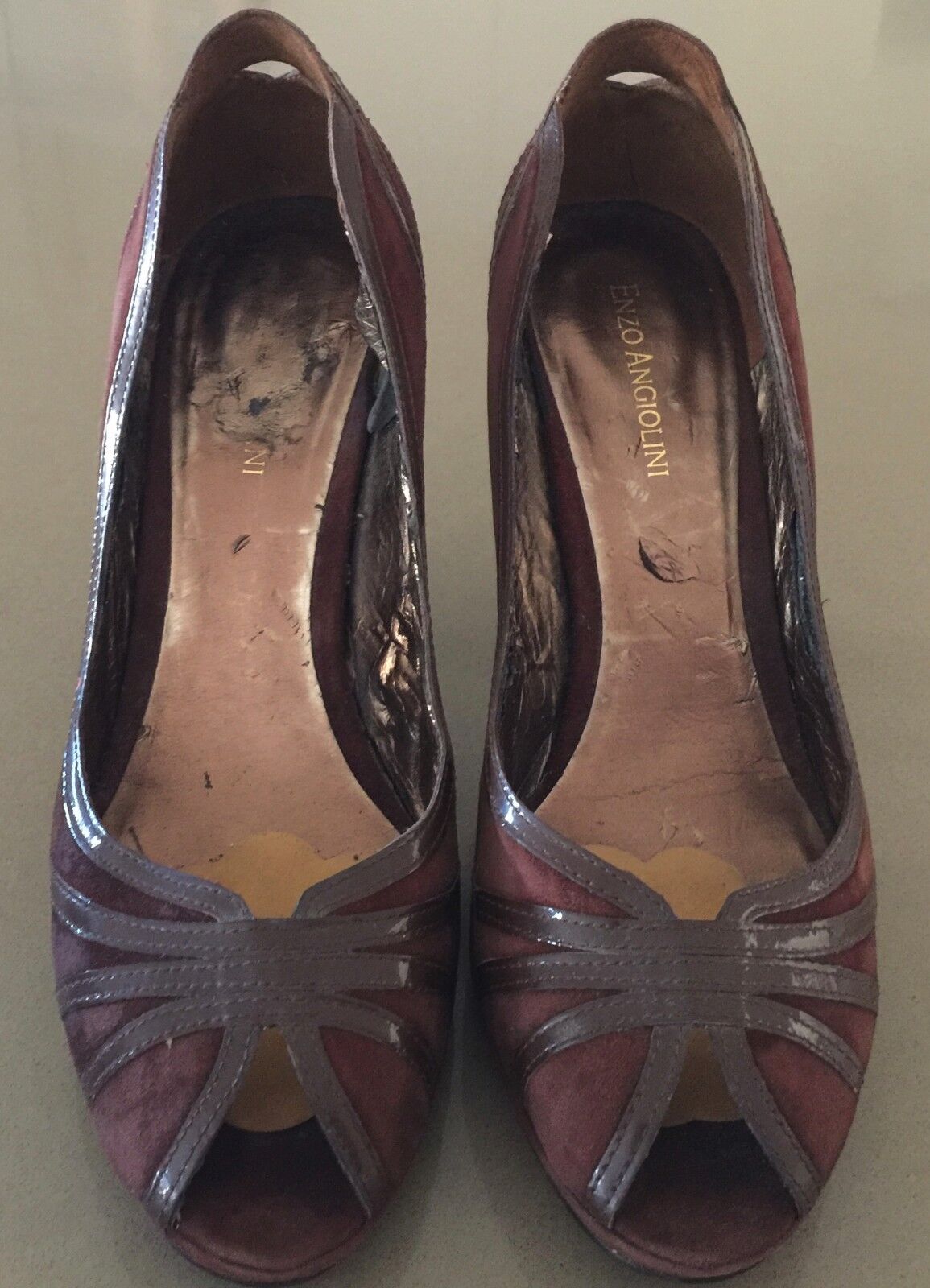 ENZO ANGIOLINI Open Toe Shoes Stiletto Heels Brown Suede Patent Trim  Size 9W