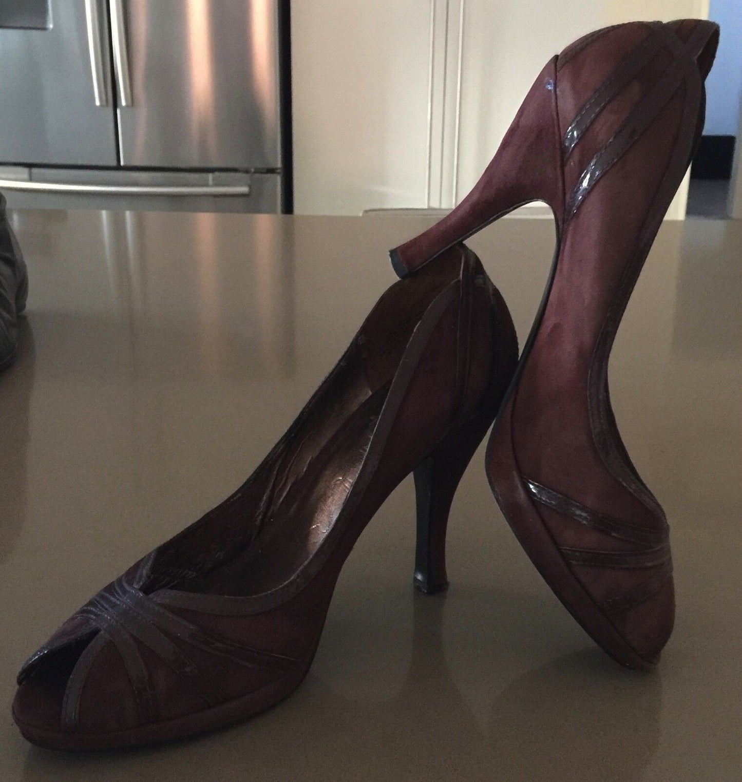 ENZO ANGIOLINI Open Toe Shoes Stiletto Heels Brown Suede Patent Trim  Size 9W