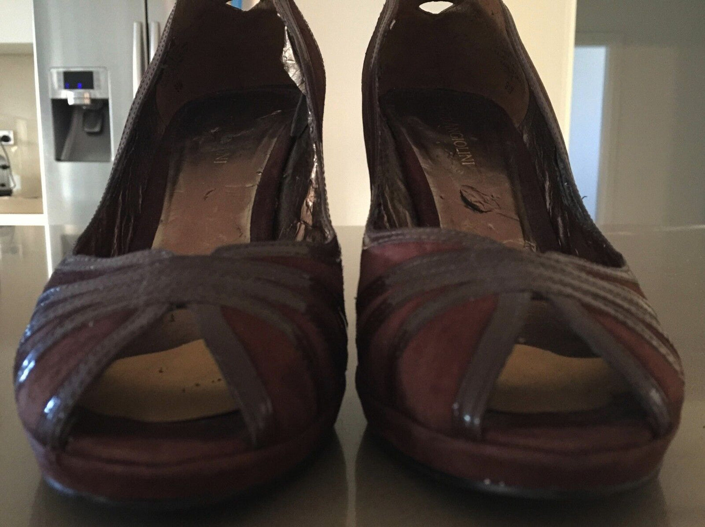ENZO ANGIOLINI Open Toe Shoes Stiletto Heels Brown Suede Patent Trim  Size 9W