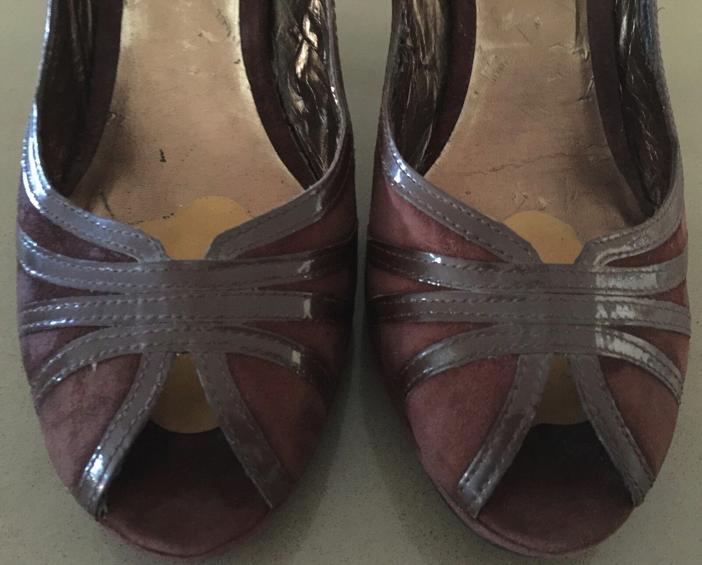ENZO ANGIOLINI Open Toe Shoes Stiletto Heels Brown Suede Patent Trim  Size 9W