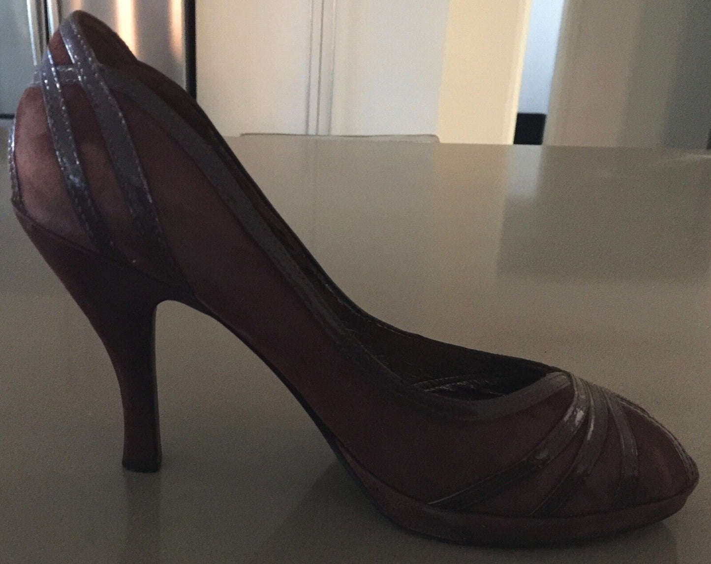 ENZO ANGIOLINI Open Toe Shoes Stiletto Heels Brown Suede Patent Trim  Size 9W
