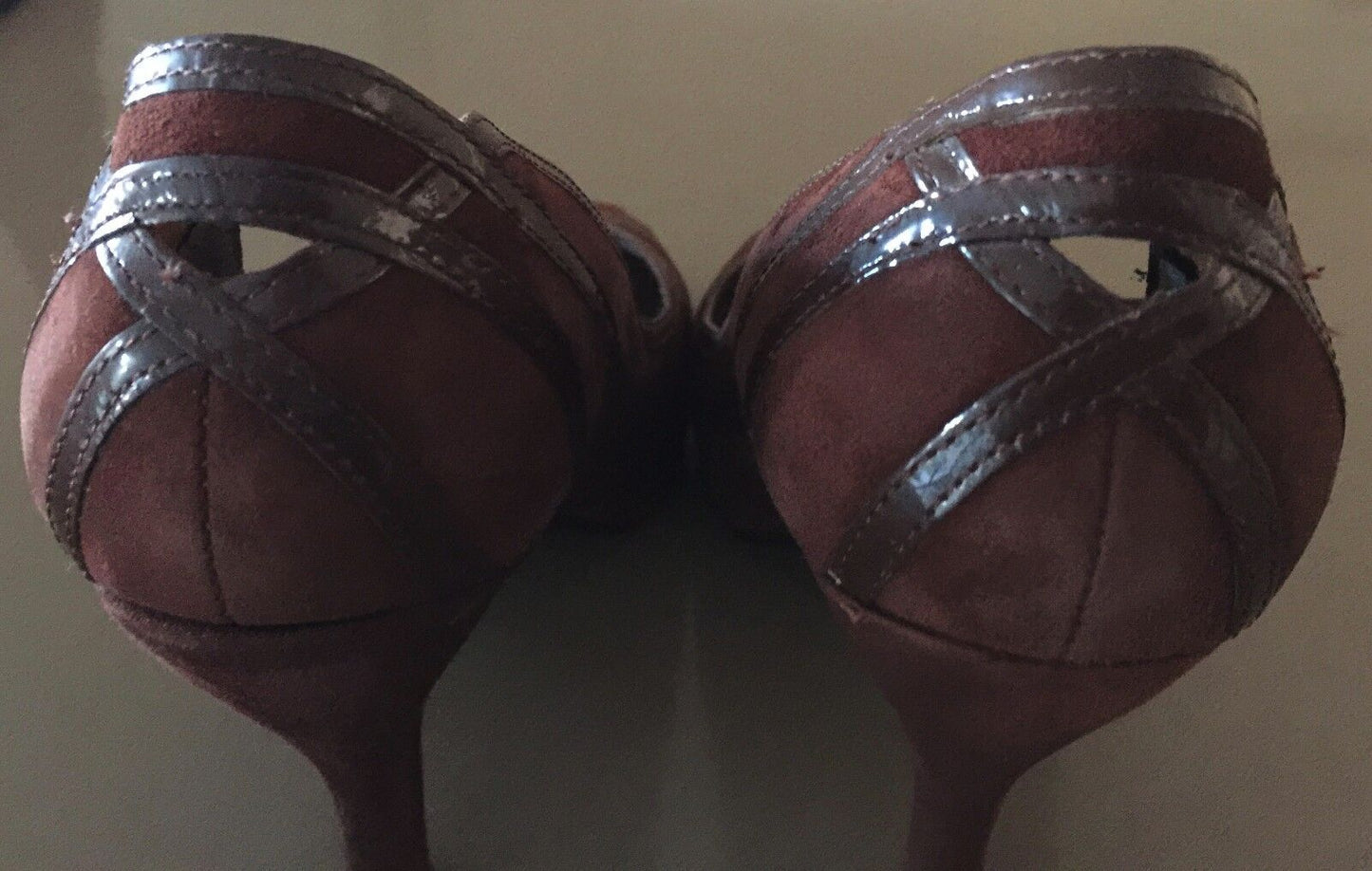 ENZO ANGIOLINI Open Toe Shoes Stiletto Heels Brown Suede Patent Trim  Size 9W