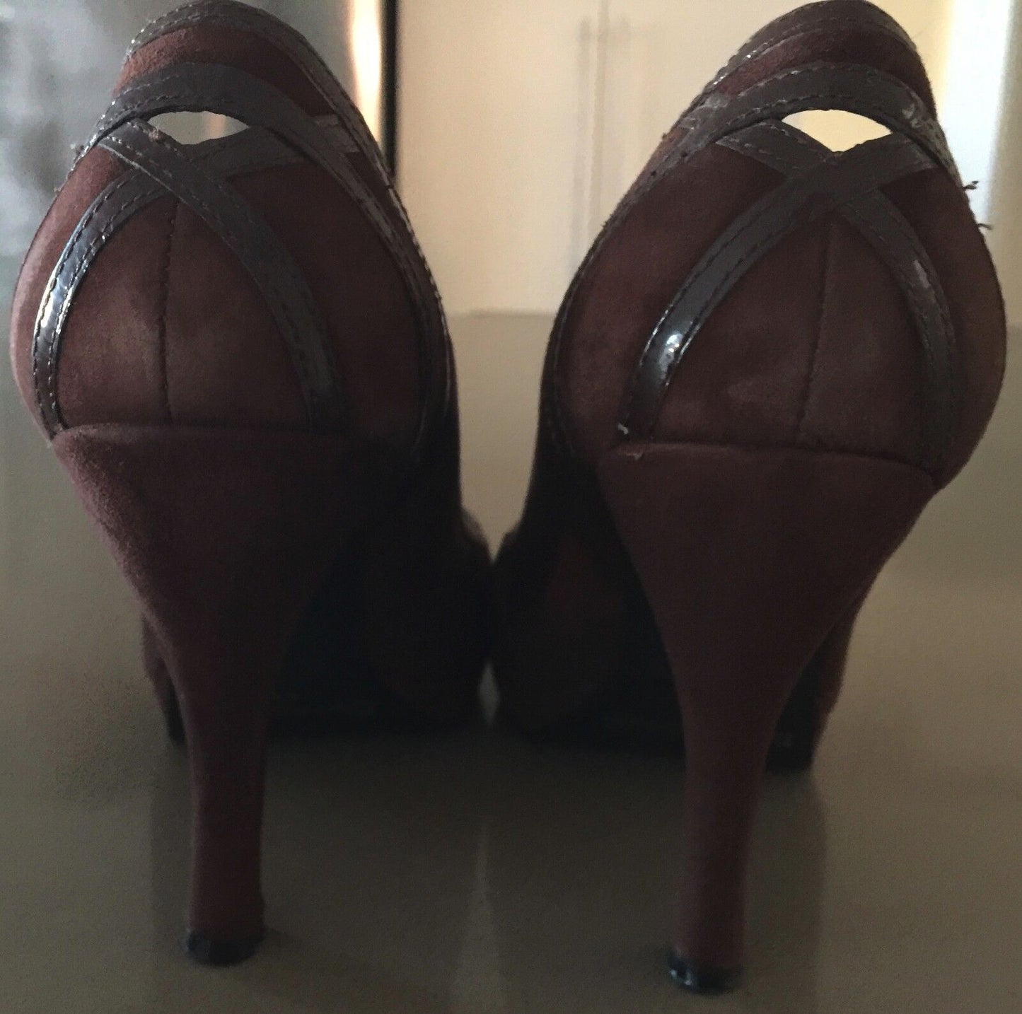 ENZO ANGIOLINI Open Toe Shoes Stiletto Heels Brown Suede Patent Trim  Size 9W