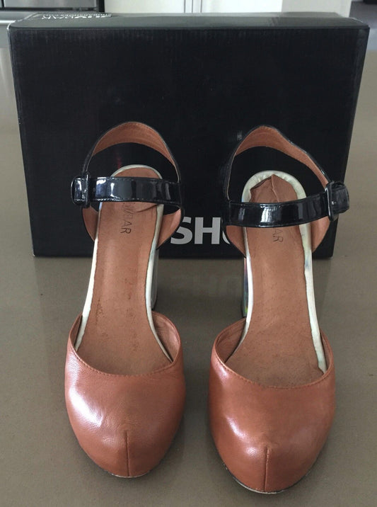 SHUBAR "Morning Kiss" Shoes Tan Black Ankle Strap Ladies Size 41 1940's Look