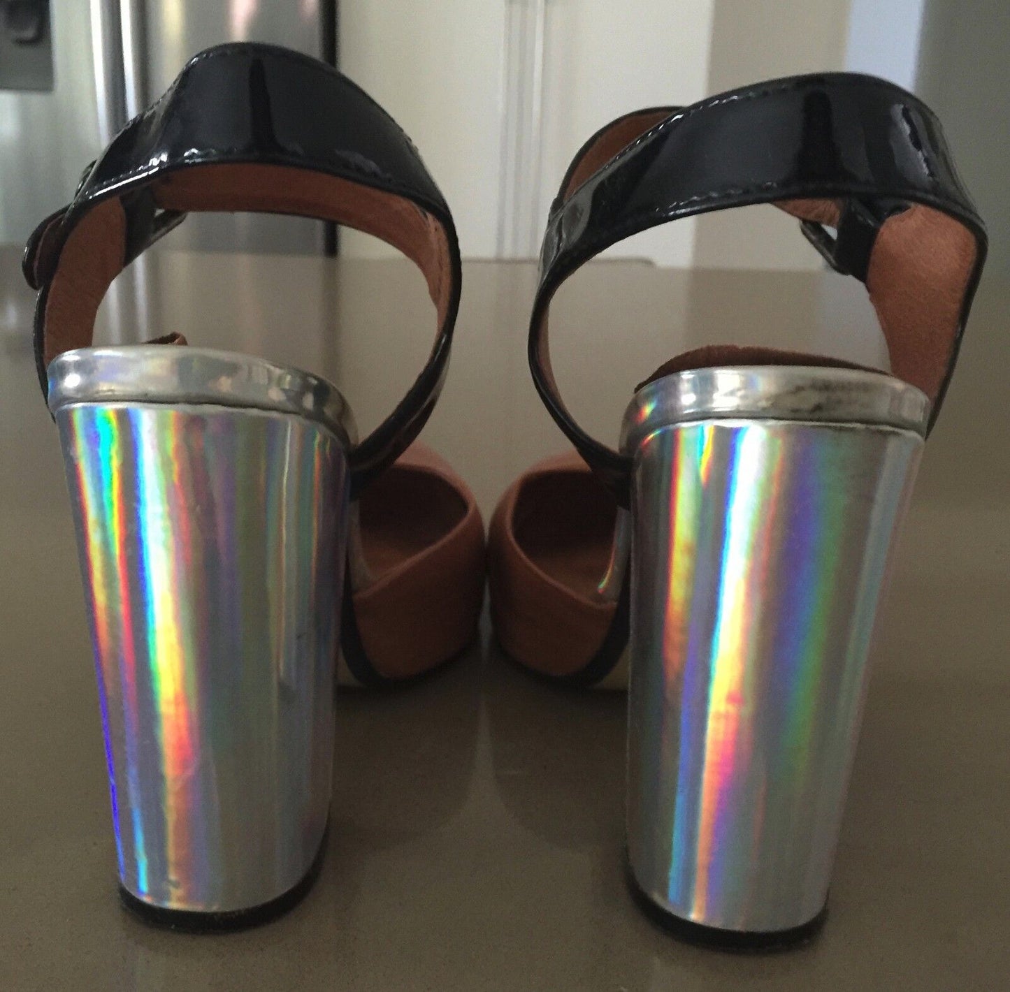 SHUBAR "Morning Kiss" Shoes Tan Black Ankle Strap Ladies Size 41 1940's Look