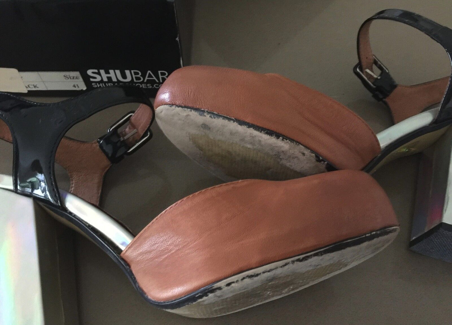SHUBAR "Morning Kiss" Shoes Tan Black Ankle Strap Ladies Size 41 1940's Look