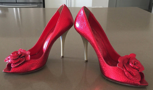 PARADIS Stiletto Heel Shoes Red Grain Leather Peep Toe  Ladies Size 37 Vintage