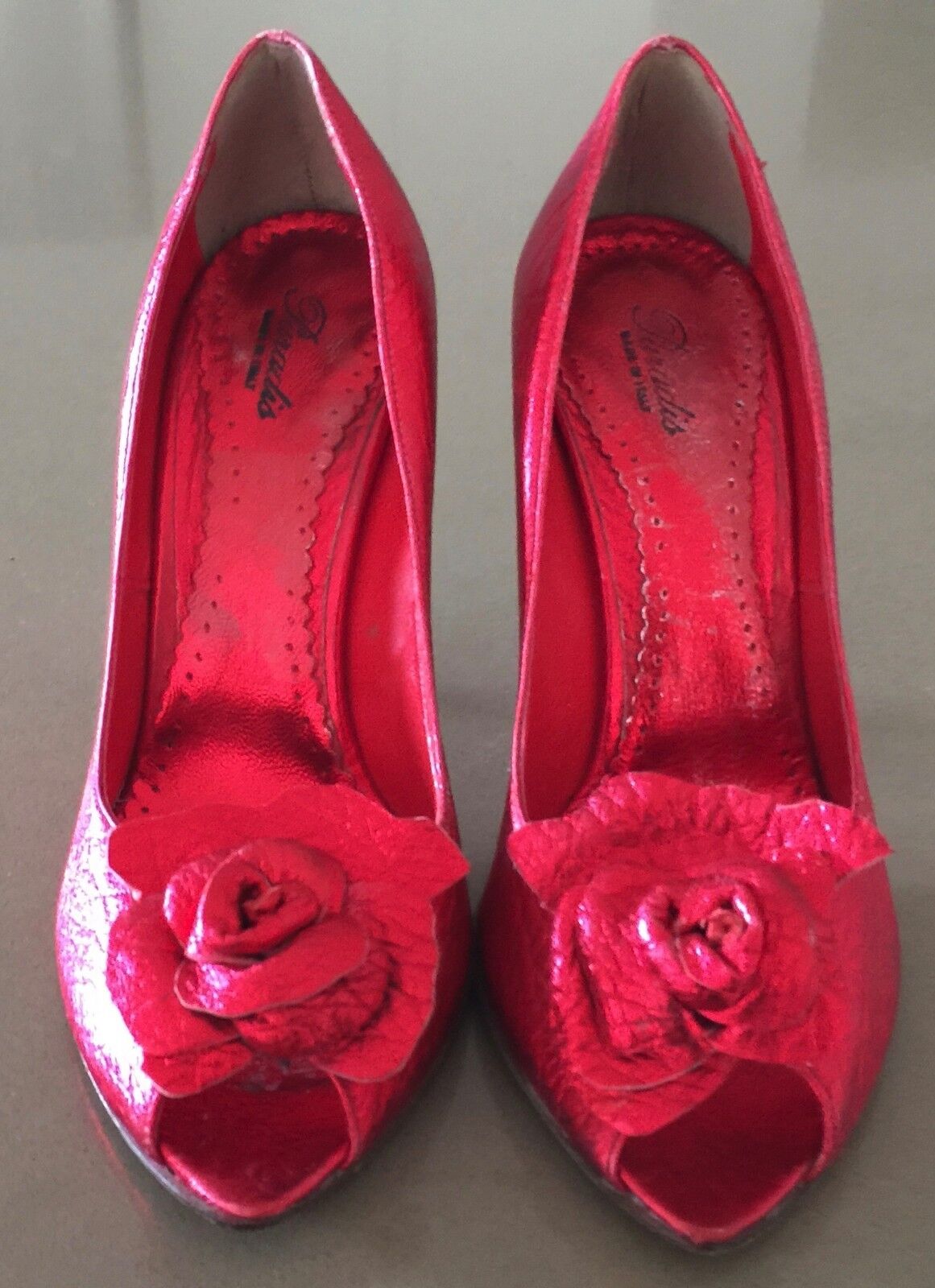 PARADIS Stiletto Heel Shoes Red Grain Leather Peep Toe  Ladies Size 37 Vintage