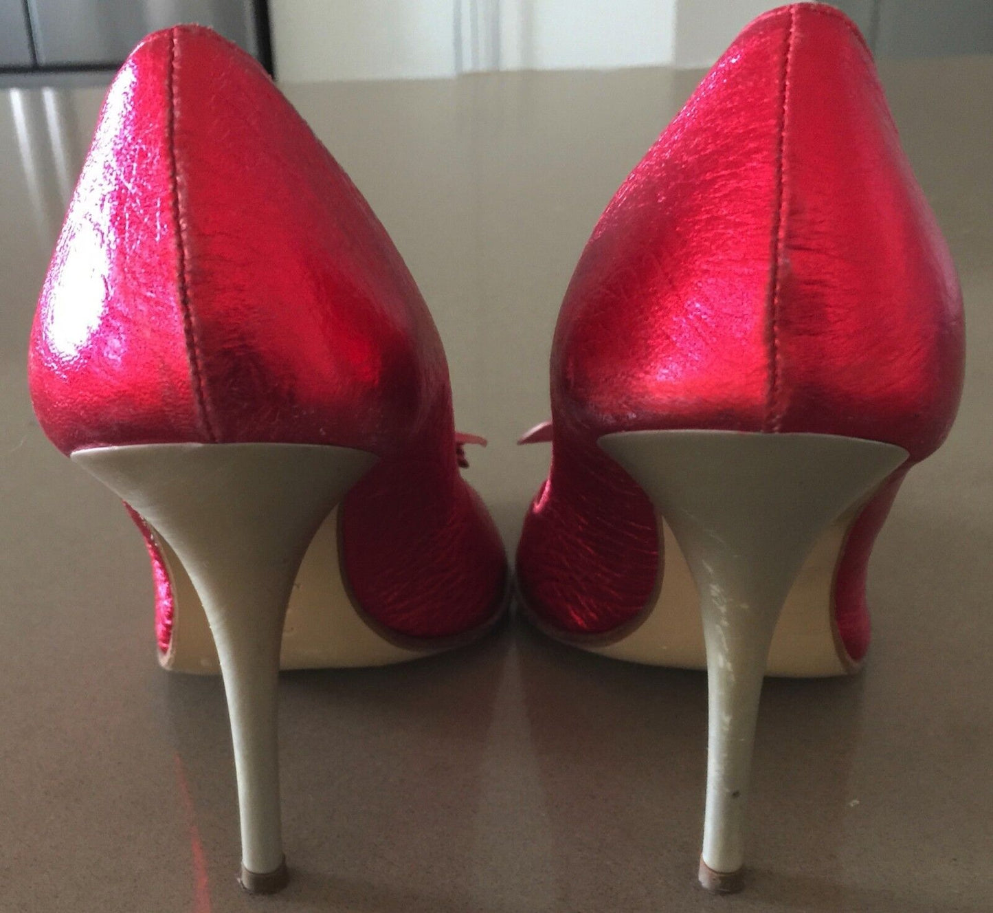 PARADIS Stiletto Heel Shoes Red Grain Leather Peep Toe  Ladies Size 37 Vintage