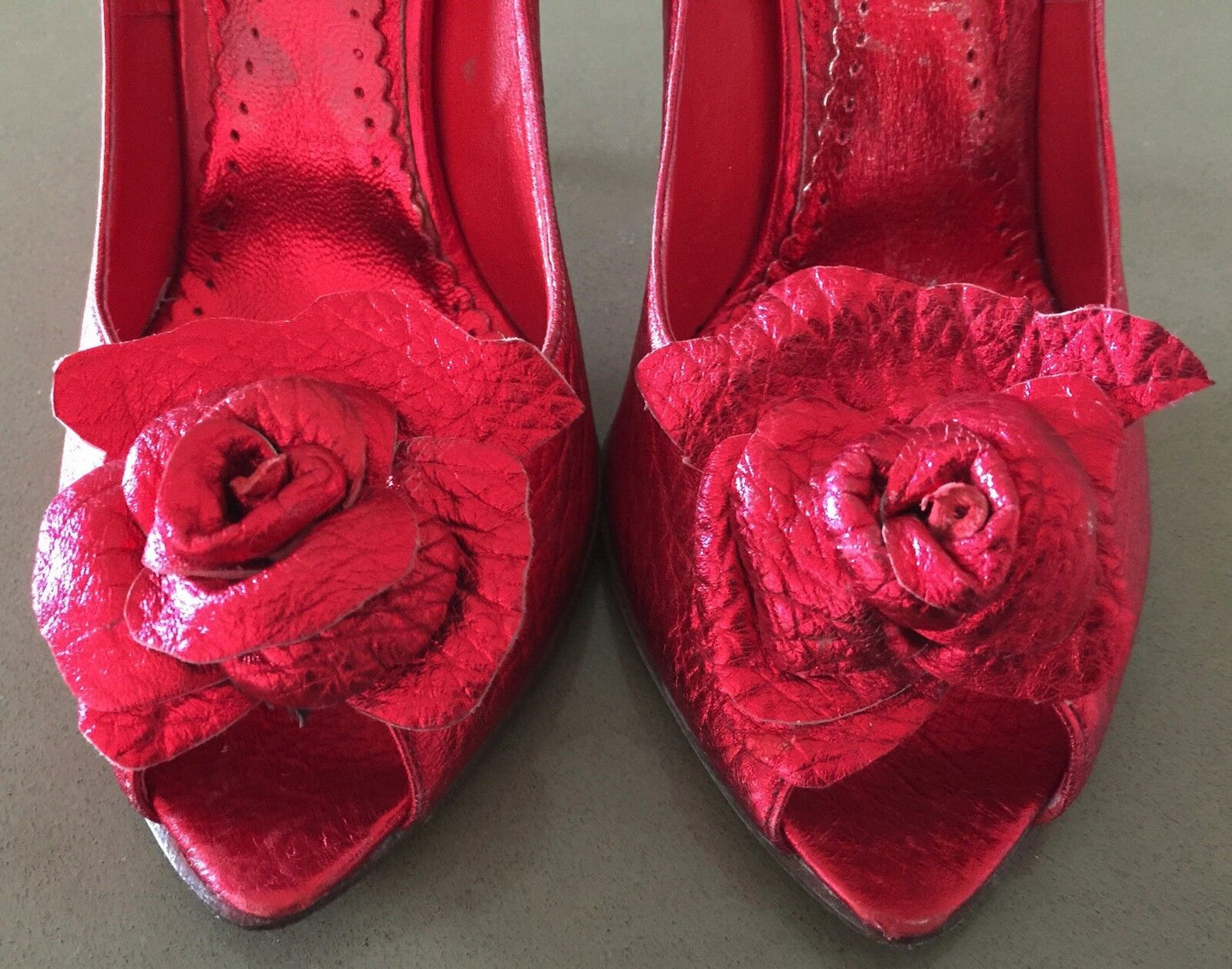 PARADIS Stiletto Heel Shoes Red Grain Leather Peep Toe  Ladies Size 37 Vintage