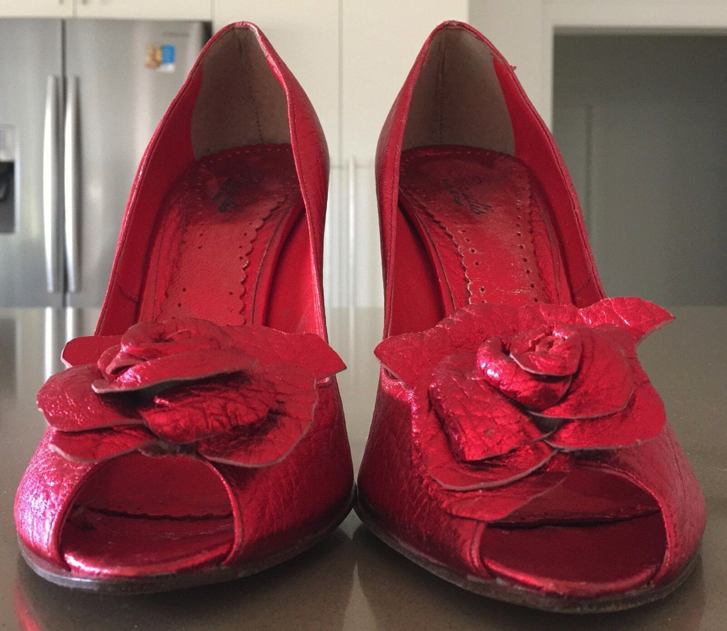 PARADIS Stiletto Heel Shoes Red Grain Leather Peep Toe  Ladies Size 37 Vintage